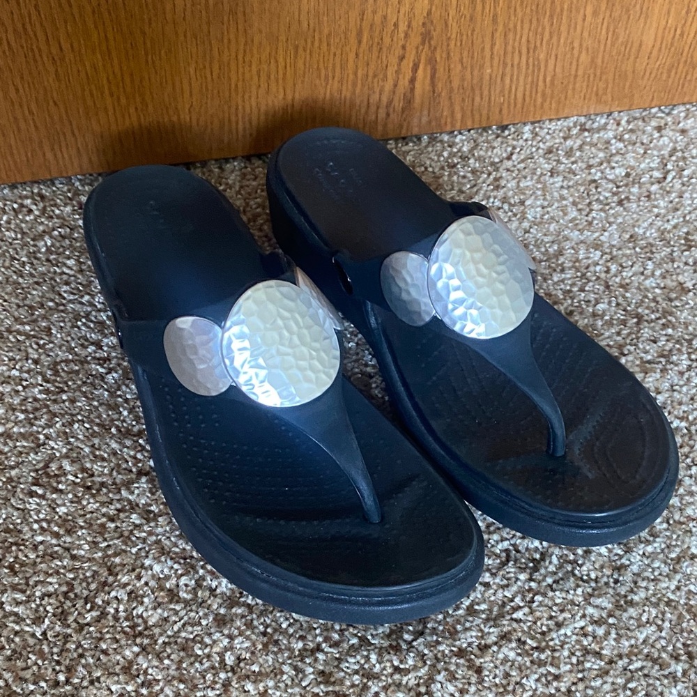 CROCS Black Sandals with Silver Accents